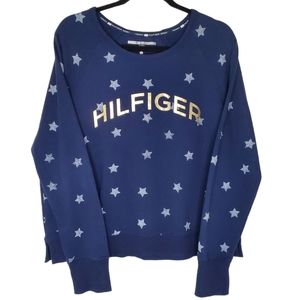 Tommy Hilfiger Sweatshirt Star Print Gold Logo Spellout Blue Thumbholes Sz XL